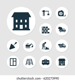 Industry Icons Set. Collection Of Wall, Digger, Measure Tool And Other Elements. Also Includes Symbols Such As Crane, Bricklayer, Tipper.