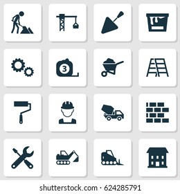 Industry Icons Set. Collection Of Wall, Digger, Carry Cart And Other Elements. Also Includes Symbols Such As Cogwheel, Home, Crane.