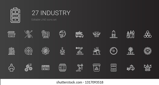 industry icons set. Collection of industry with wool, waste, industrial robot, barrel, clapperboard, settings, robot, saw, film reel, building. Editable and scalable industry icons.