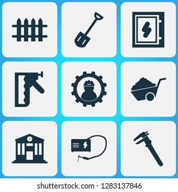 Industry icons set with construction stapler, working, calipers and other vernier elements. Isolated vector illustration industry icons.