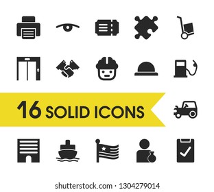 Industry icons set with delivery, button and tractor elements. Set of industry icons and ship concept. Editable vector elements for logo app UI design.