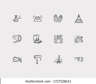 Industry icons set. Drill machine and industry icons with tool box, rubber boots and putty knife. Set of craft for web app logo UI design.