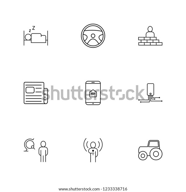 Industry icons set with electronic,\
sleep and automotive elements. Set of industry icons and journalism\
concept. Editable vector elements for logo app UI\
design.