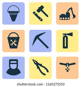 Industry icons set with excavator, fire bucket, welder and other pickax elements. Isolated vector illustration industry icons.