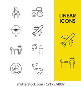 Industry icons set with farmer, housing and entertainment elements. Set of industry icons and internet of things concept. Editable vector elements for logo app UI design.