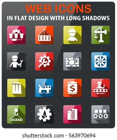 industry icons set in flat design with long shadow