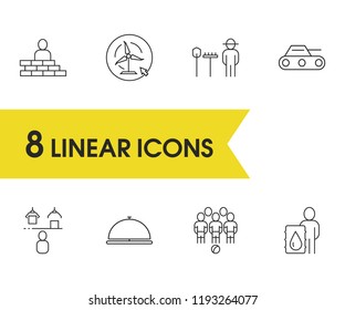 Industry icons set with football, hotel service and game elements. Set of industry icons and military concept. Editable vector elements for logo app UI design.
