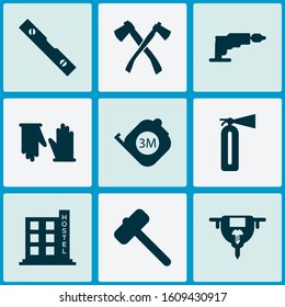 Industry icons set with hostel, conversation level, axe and other flame safety elements. Isolated vector illustration industry icons.