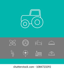 Industry icons set with hotel service, construction and manufacture elements. Set of industry icons and tractor concept. Editable vector elements for logo app UI design.