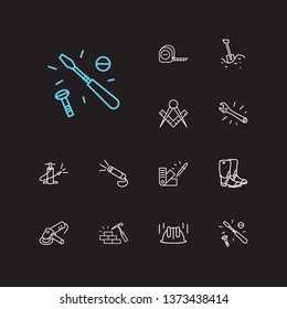 Industry icons set. Masons square and industry icons with brick hammer, screwdriver, hand air pump. Set of drawing for web app logo UI design.