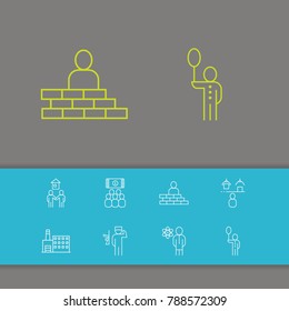 Industry icons set with movie industry, tourist and scientist elements. Set of industry icons and entertainment concept. Editable vector elements for logo app UI design.