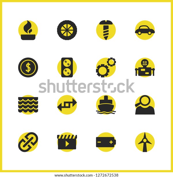 Industry icons set with professional,\
export and battery elements. Set of industry icons and gear\
concept. Editable vector elements for logo app UI\
design.