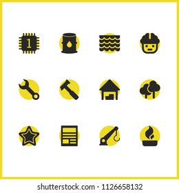 Industry icons set with roof, hammer and crane elements. Set of industry icons and vote concept. Editable vector elements for logo app UI design.