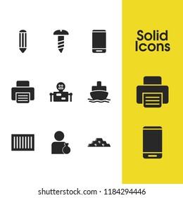 Industry icons set with scientist, container and robot elements. Set of industry icons and bolt nut concept. Editable vector elements for logo app UI design.
