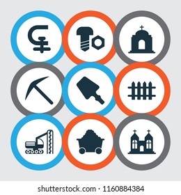 Industry icons set with scraper, chapel, temple and other church elements. Isolated vector illustration industry icons.