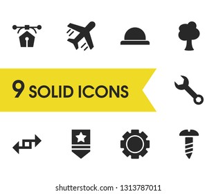 Industry icons set with screw, gear and military elements. Set of industry icons and aircraft concept. Editable vector elements for logo app UI design.