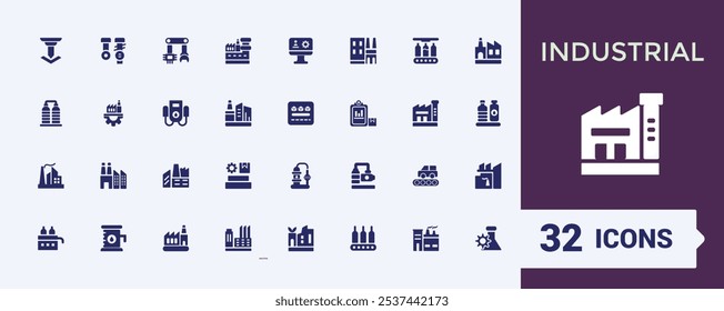 Iconos de la industria establecidos en estilo sólido. Contiene información relacionada con ingeniería, automatización, bienes raíces, negocios, mecánica, mecánica de etiquetas y más. Iconos de estilo llenos planos.