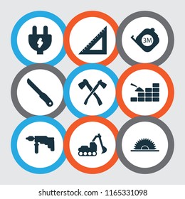 Industry icons set with straightedge, drill, sawmill and other triangle ruler elements. Isolated vector illustration industry icons.