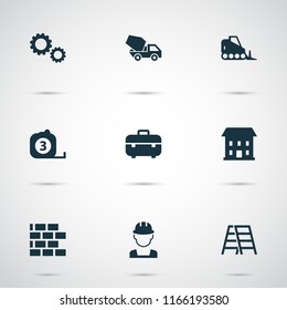 Industry icons set with toolbox, builder, concrete mixer and other measure tool elements. Isolated vector illustration industry icons.
