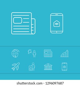 Industry icons set with tourism, journalist and financial elements. Set of industry icons and oil gas concept. Editable vector elements for logo app UI design.