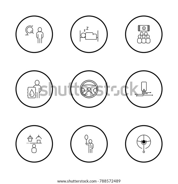 Industry icons set with\
tourist, movie industry and car wheel elements. Set of industry\
icons and entertainment concept. Editable vector elements for logo\
app UI design.
