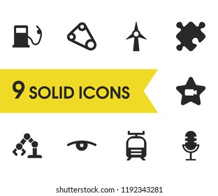 Industry icons set with tram, belt and hollywood elements. Set of industry icons and safety strap concept. Editable vector elements for logo app UI design.