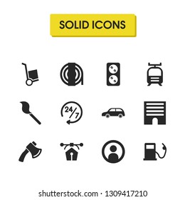 Industry icons set with tram, car and gas elements. Set of industry icons and string concept. Editable vector elements for logo app UI design.