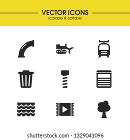 Industry icons set with tram, tree and site elements. Set of industry icons and wood concept. Editable vector elements for logo app UI design.