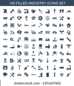 industry icons. Trendy 100 industry icons. Contain icons such as chain saw, hazzard, screw, barrel, microscope, wrench, globe and plane, truck with hook. industry icon for web and mobile.
