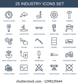 industry icons. Trendy 25 industry icons. Contain icons such as clock in gear, drill, needle button, gear, hammer, wrench, water pipe, cargo wagon. industry icon for web and mobile.