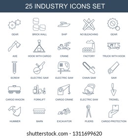 industry icons. Trendy 25 industry icons. Contain icons such as gear, brick wall, ship, no bleaching, axe, hook with cargo, crane, factory, truck with hook. industry icon for web and mobile.