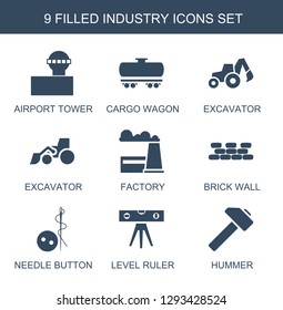 industry icons. Trendy 9 industry icons. Contain icons such as airport tower, cargo wagon, excavator, factory, brick wall, needle button, level ruler. industry icon for web and mobile.