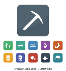 Industry icons. vector collection filled industry icons such as pickup, timing belt, spherical bearing, oil can, woman with garbage, gear, cement bag, rolled metal, pick