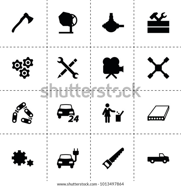Industry icons. vector\
collection filled industry icons. includes symbols such as axe,\
pickup, work tool, chain, spherical bearing. use for web, mobile\
and ui design.