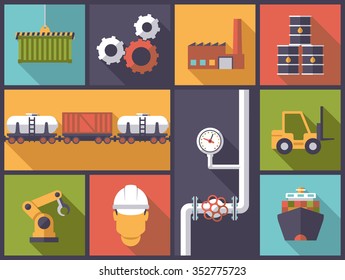 Iconos de la industria ilustraciones vectoriales. Ilustración horizontal de diseño plano con símbolos de la industria