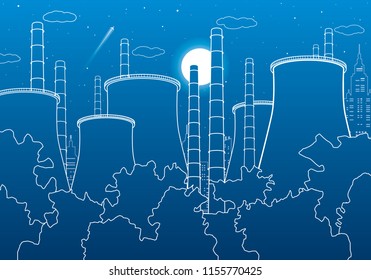 Industry illustration. Factory thermal power plant. Urban scene. Pipes and smoke. White lines on blue background. Vector design art