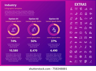 Industry infographic template, elements and icons. Infograph includes customizable graphs, three options, line icon set with mining equipment, fossil fuels, conveyor belt, nuclear power plant etc.