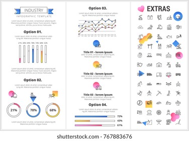 Industry infographic template, elements and icons. Infograph includes customizable graphs, four options, line icon set with mining equipment, fossil fuels, conveyor belt, nuclear power plant etc.