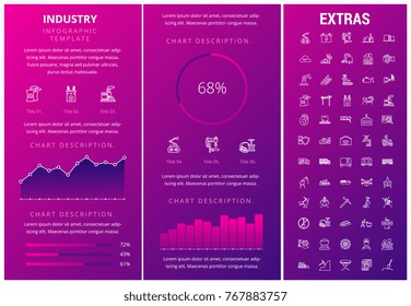 Industry infographic template, elements and icons. Infograph includes customizable graphs, charts, line icon set with mining equipment, fossil fuel, manufacturing industry, nuclear power plant etc.