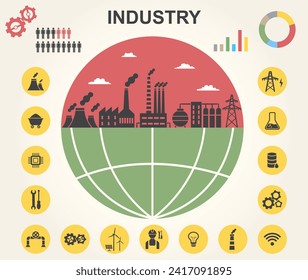 Industry infographics template. Set of industrial icons and statistical graphs to create environmental presentation. Planet pollution, emissions from factories. Cartoon flat vector illustration