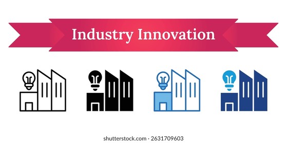 Inovação da indústria - Contorno de multi estilo, Glyph Silhouette, azul, ícone de tons duplos - lâmpada e edifícios modernos, destacando a colaboração entre a educação e a inovação da indústria