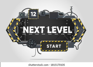 Industry interface concept. Message window with text. Error print. Digital screen set with metal frame. Video games concept vector illustration. Cyber punk style banner. Futuristic background.