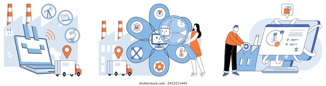 Industry iot vector illustration. Industry IoT, digital maven, harmonizes with technology in grand symphony business Automated processes, fueled by innovation, traverse interconnected roads metaverse