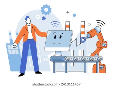 Industry iot vector illustration. Industry IoT, digital maven, harmonizes with technology in grand symphony business Automated processes, fueled by innovation, traverse interconnected roads metaverse