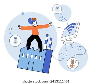 La industria no ilustra el vector. Las cosas de internet tejen la conectividad web, uniendo la industria de la tela las redes informáticas, adoptando la automatización, construyendo el futuro de la arquitectura digital
