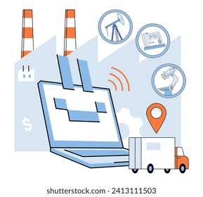 Industry iot vector illustration. Security, vigilant guardian, shields gates sprawling cyberspace metropolis Virtual reality, portal to new realms, unfolds dimensions possibility in industry