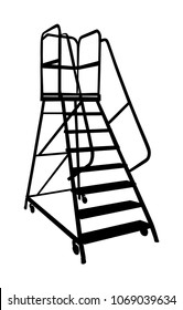 Industry ladder vector silhouette, iron scaffold with wheel in warehouse isolated on white background. Manual picking and packing. Shelves with step stairs for manual picking. Part of Warehouse series