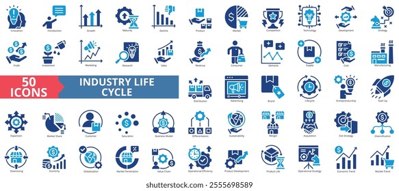 Industry life cycle icon collection set. Containing innovation, introduction, growth, maturity, decline, product, market, competition, technology icon. Simple flat vector illustration.