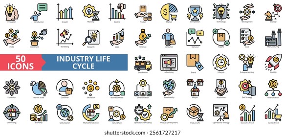 Industry life cycle icon collection set. Containing innovation, introduction, growth, maturity, decline, product, market, competition, technology icon. Simple flat outline vector illustration