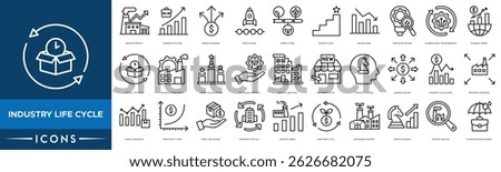 Industry Life Cycle icon set. Industry Growth, Business Evolution, Market Expansion, Startup Phase, Growth Phase, Maturity Stage and Decline Phase